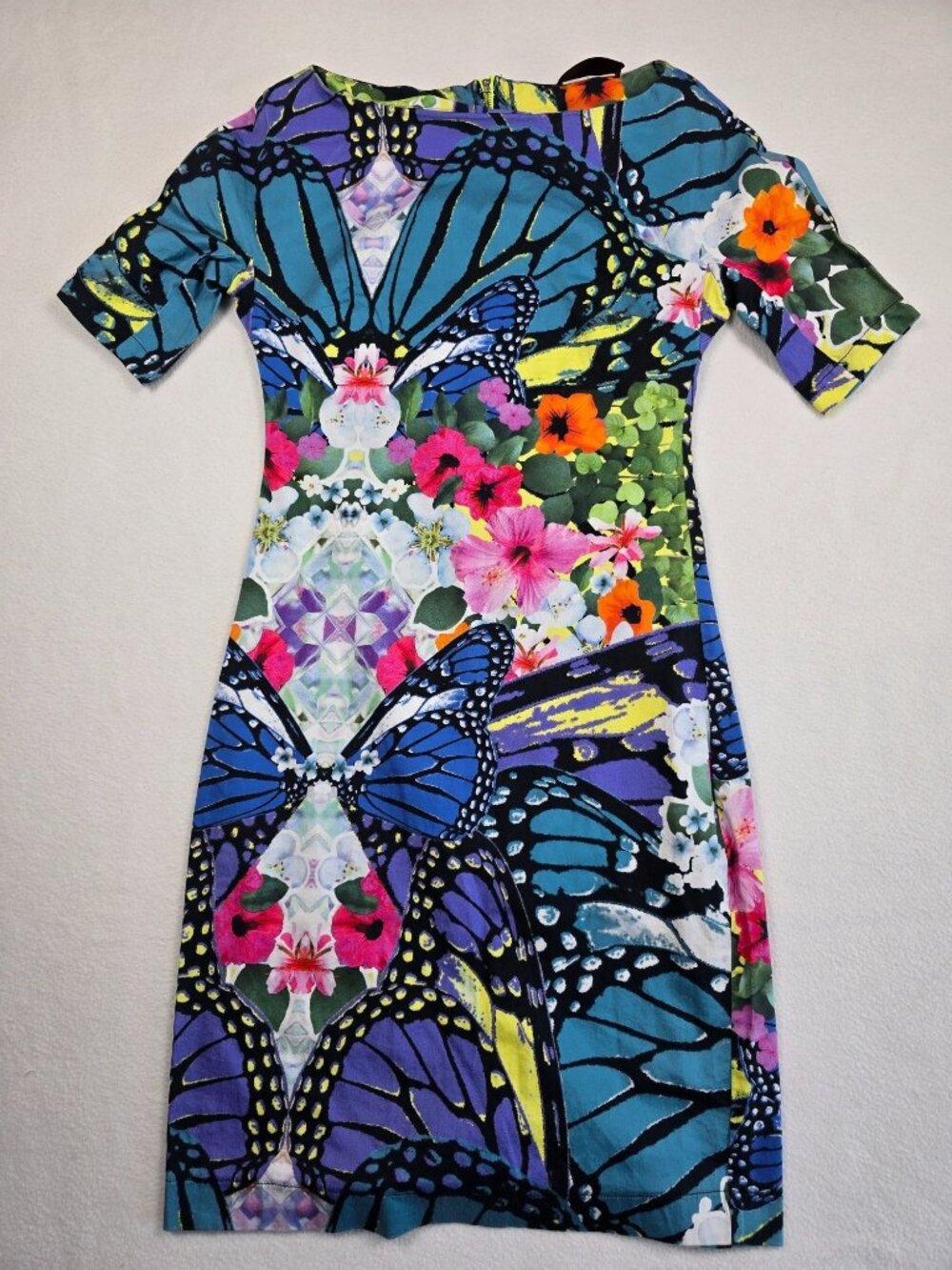 Hale Bob Womens XS Small Dress Multicolor Butterfly & Floral Print Crew Neck